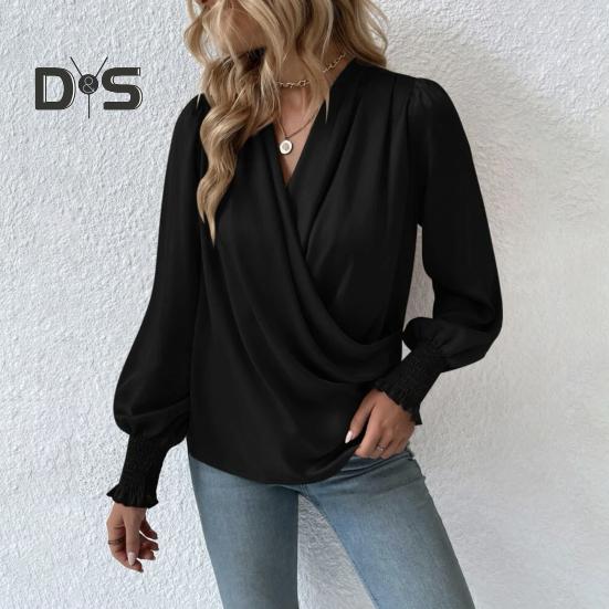 Holiday Casual Chic Shirt Women's Elegant V Neck Lantern Sleeve Soft Stylish Commuter Party Solid Color Top