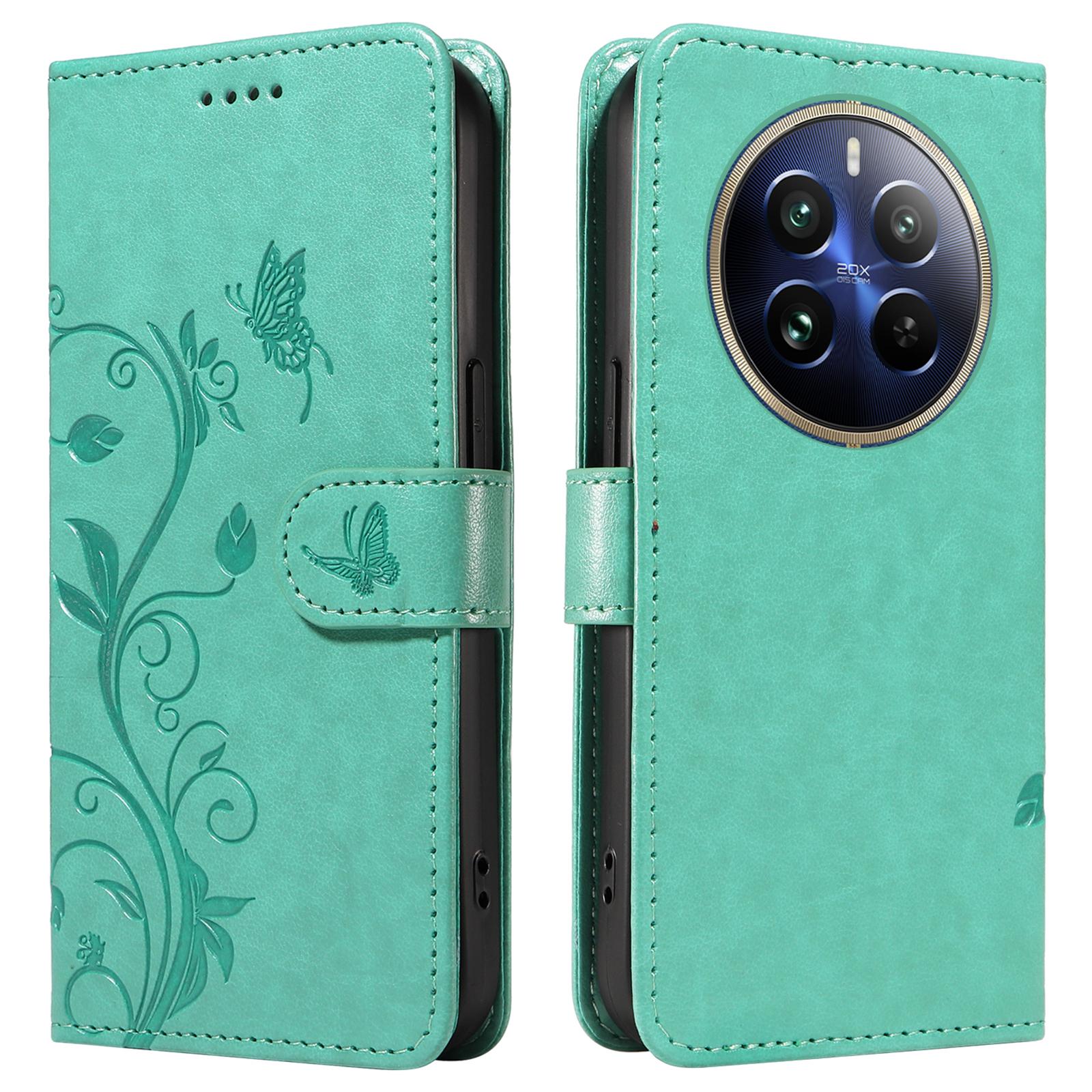 

For Realme 13 Pro 5G (Global)/13 Pro+ 5G (Global)/P1 Pro 5G/12 Pro 5G/12 Pro+ 5G Leather Cases Flower Pattern Phone Cover Green