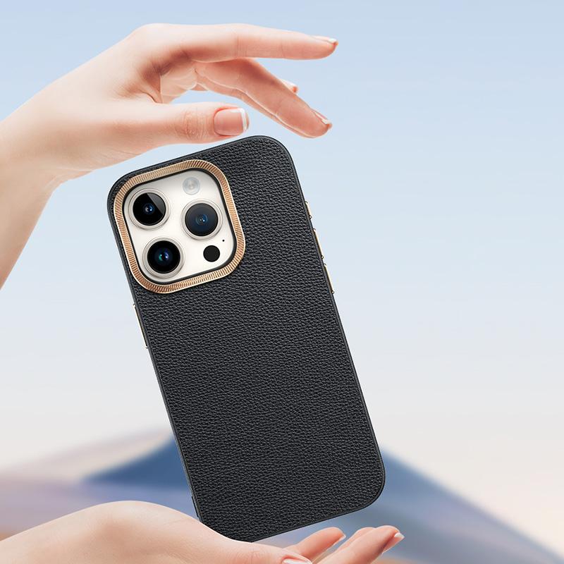 For iPhone 15 Pro PU Leather+TPU Phone Case Anti-Scratch Metal Lens Frame Cell Phone Cover