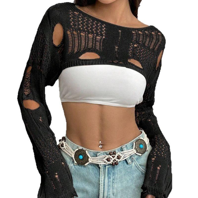 Women S Crochet Hollow Out Long Sleeve Short Knit Sweater S