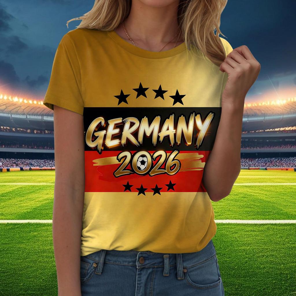 Damen Freizeit Pullover T-Shirt Kurzarm Rundhals Buchstabendruck Oberteil zur Fußballunterstützung Deutschland 2026 Fanartikel