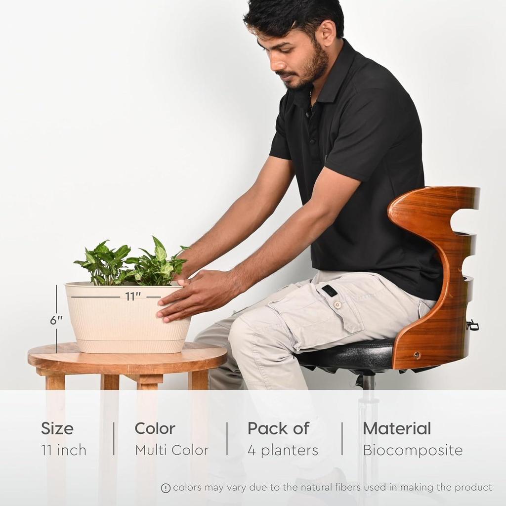 Eva 11.5 Inch Self Watering Pots for Plants | Bamboo Based Plant Pots | Pack of 4 | UV Protected Planters for Home Décor Indoor, Outdoo