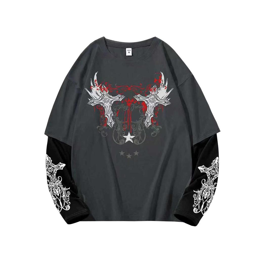 Herren Y2k Goth Shirt Grafik Oversized Langarm Rundhals T-Shirt Streetwear Oberteile Frühling Passform