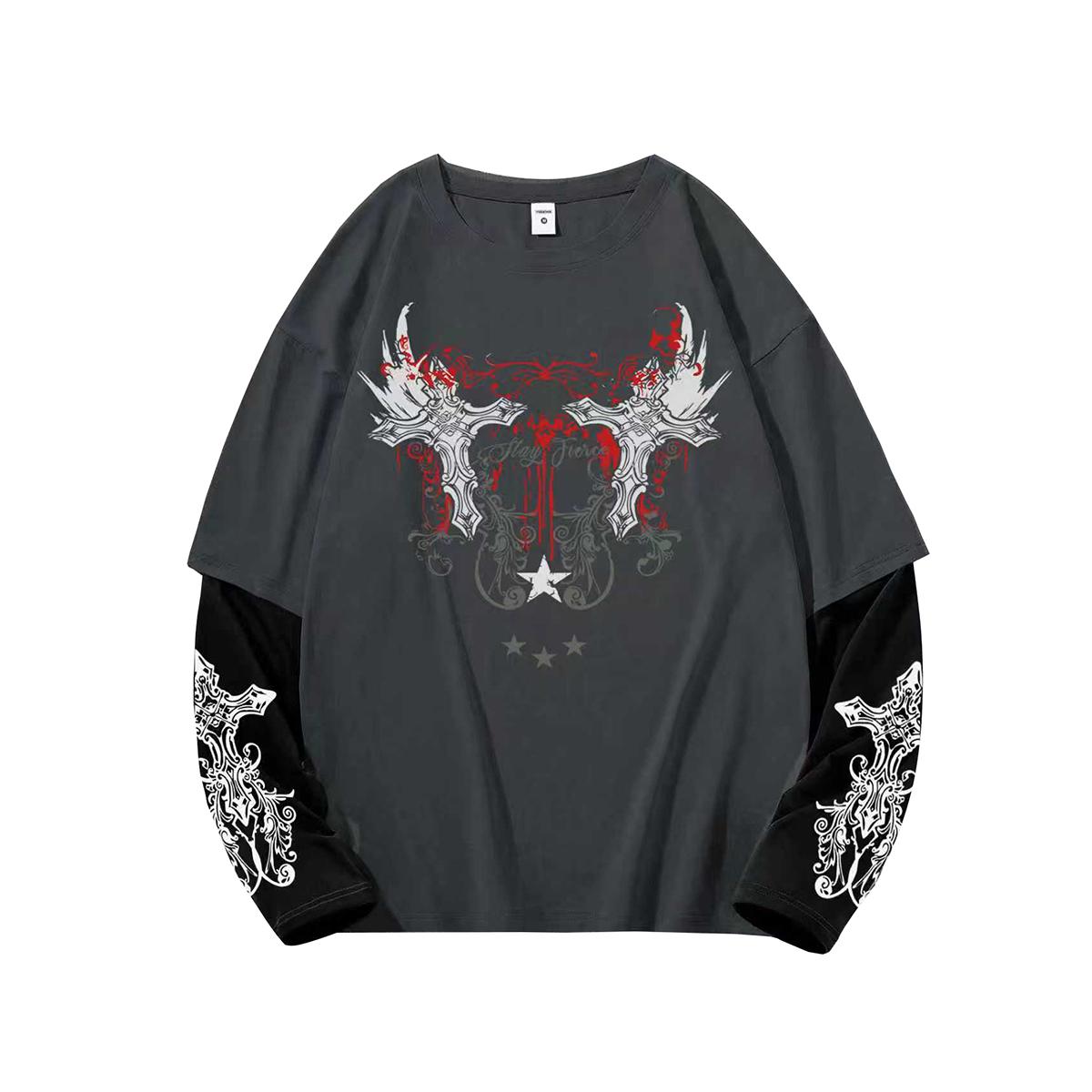 

Чоловіча футболка Y2k Готична з принтом Оверсайз Довгий рукав Круглий виріз Вуличний одяг Топи Весняний крій XXL сірий