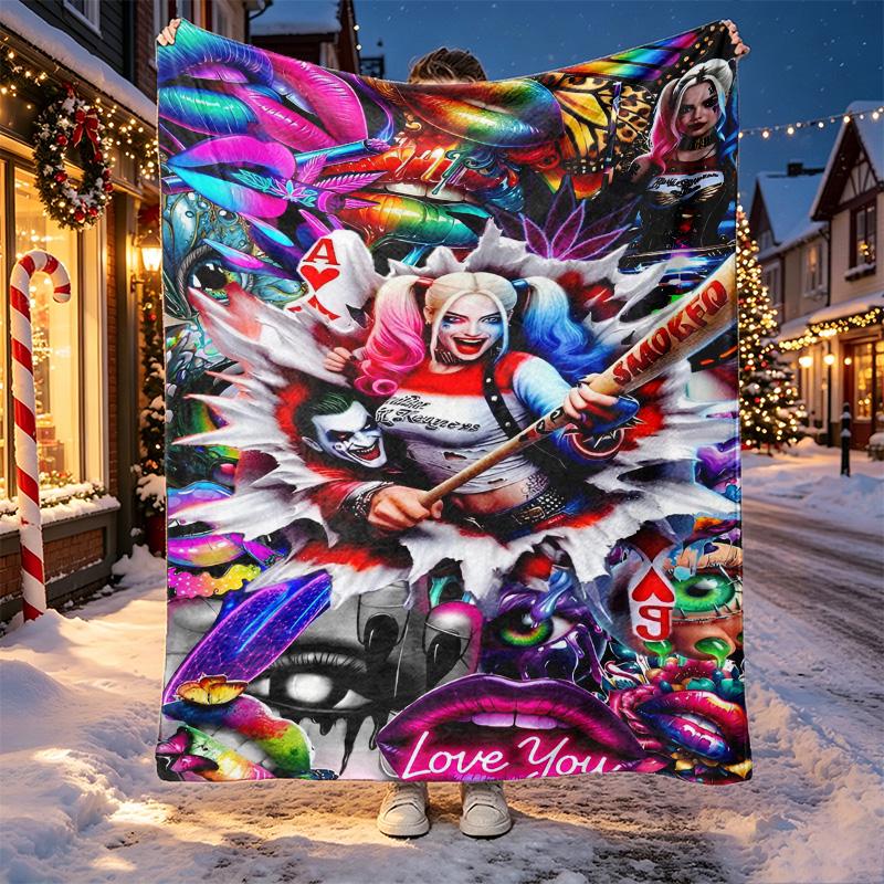 Harley Quinn Joker Pattern Blanket for Home Decoration, Bed, Sofa, Car Travel, Camping, Suitable for All Seasons, Birthday Christmas Gift