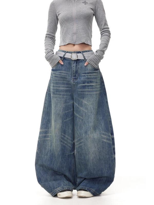 Unisex Retro Denim Wide-Leg Jeans – Trendy, Loose, Distressed Floor-Length Silhouette for Autumn