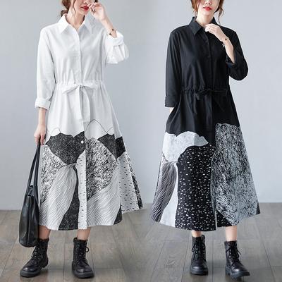 Spring Print Long Sleeved Dress Women's Long Length Shirt Skirt