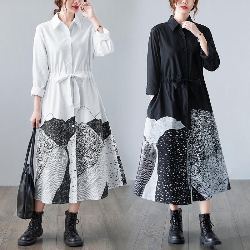 

Spring Print Long Sleeved Dress Women s Long Length Shirt Skirt M чорний