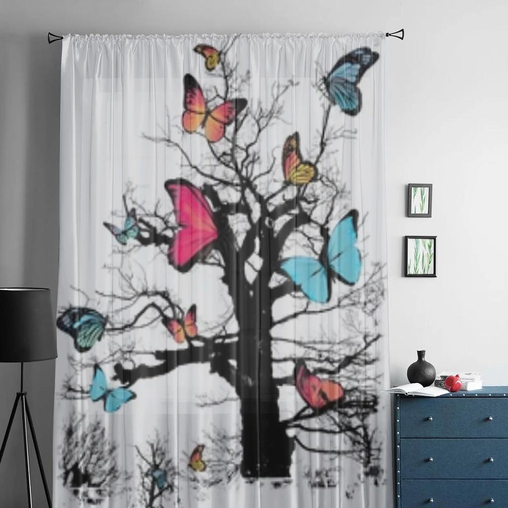 Tree Butterfly Black Nature Sheer Curtains For Living Room Kids Bedroom Tulle Curtains Kitchen Window Treatment Drapes