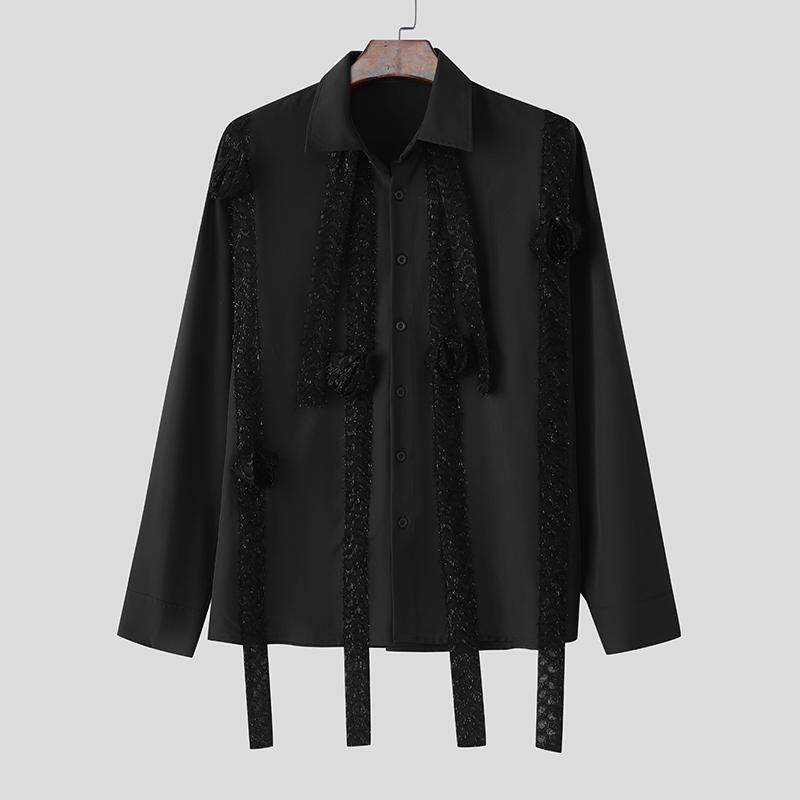 

INCERUN Men Oversized Lapel Neck Long Sleeve Glitter Patchwork Buttons Up Casual Shirts 4XL чёрный