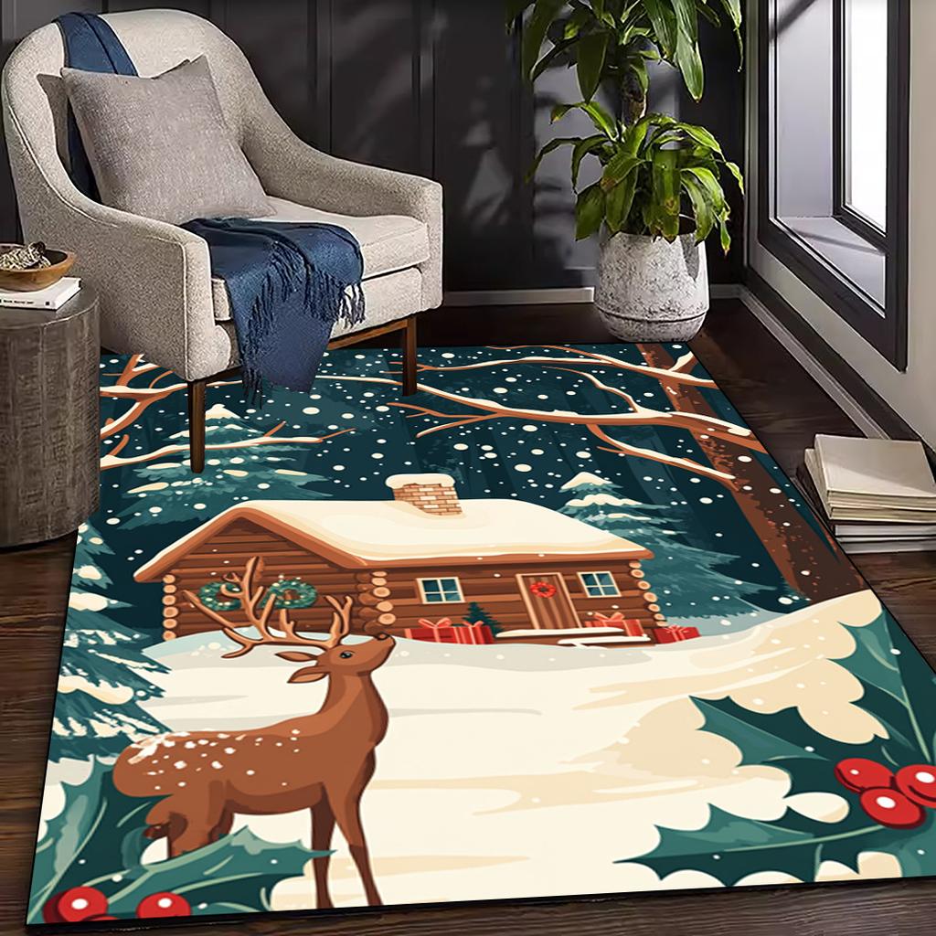 Christmas Igloo and Reindeer Area Mat - Washable Polyester, Lightweight, Suitable for Living Room, Kitchen, Dining Room, Office