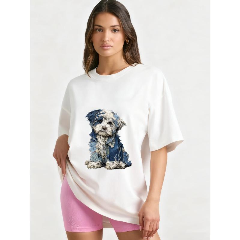 Oversized T Shirt Black Dog Print Casual Wear for Women Streetwear Fashion Loose Fit Top Summer Outfit