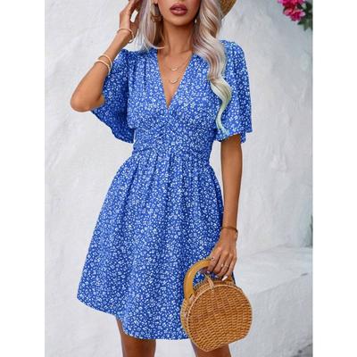 Damen Sommerkleid mit V-Ausschnitt, mittellangen Ärmeln, hoher Taille, Blumenmuster und Plissee