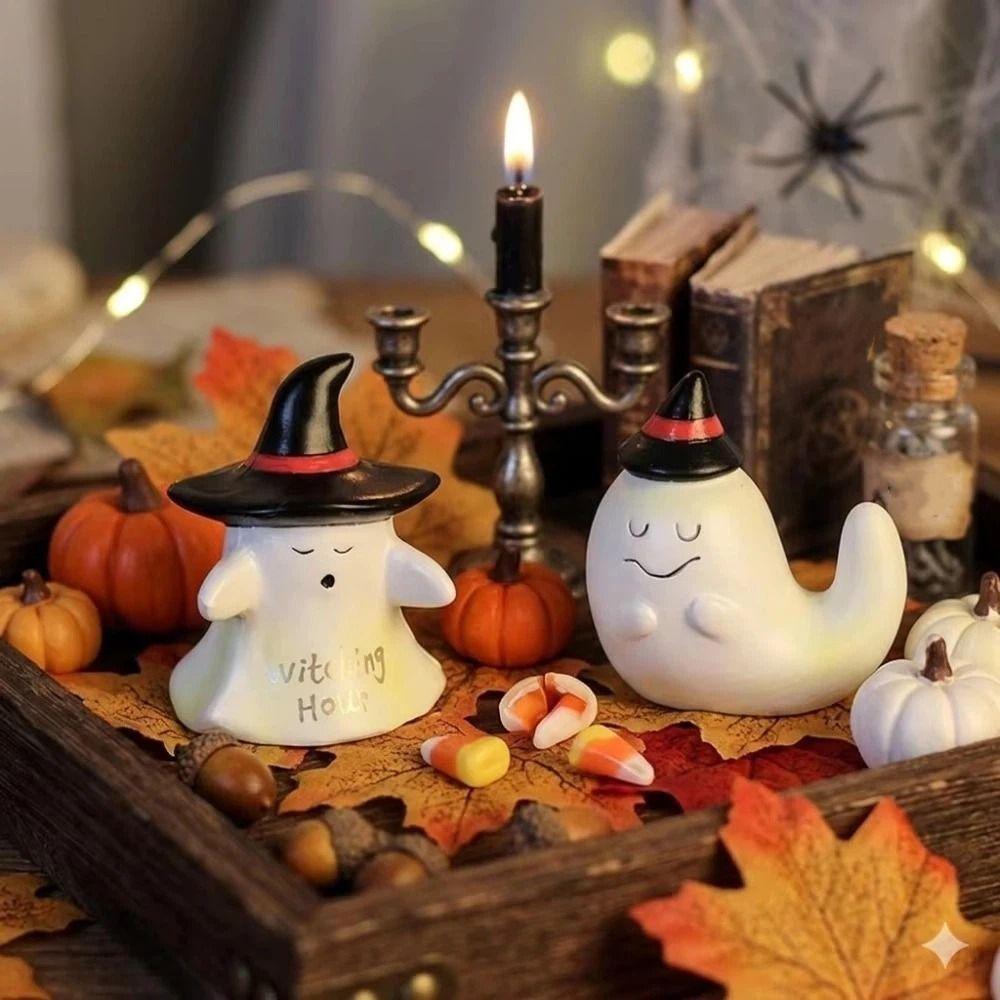 Cute Ghost Witch Hat Figurine Mini Spooky Resin Statue Witching Hour Ghost Ornaments Dining Table