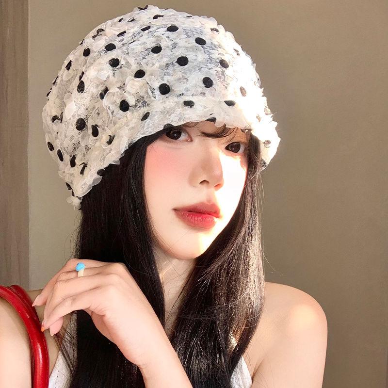 

Шляпа-бини из кружева в горошек для женщин, весенне-летняя, тонкая, дышащая, в корейском стиле, облегающая лицо, тюрбан, большой окружности головы, универсальная шапка one size