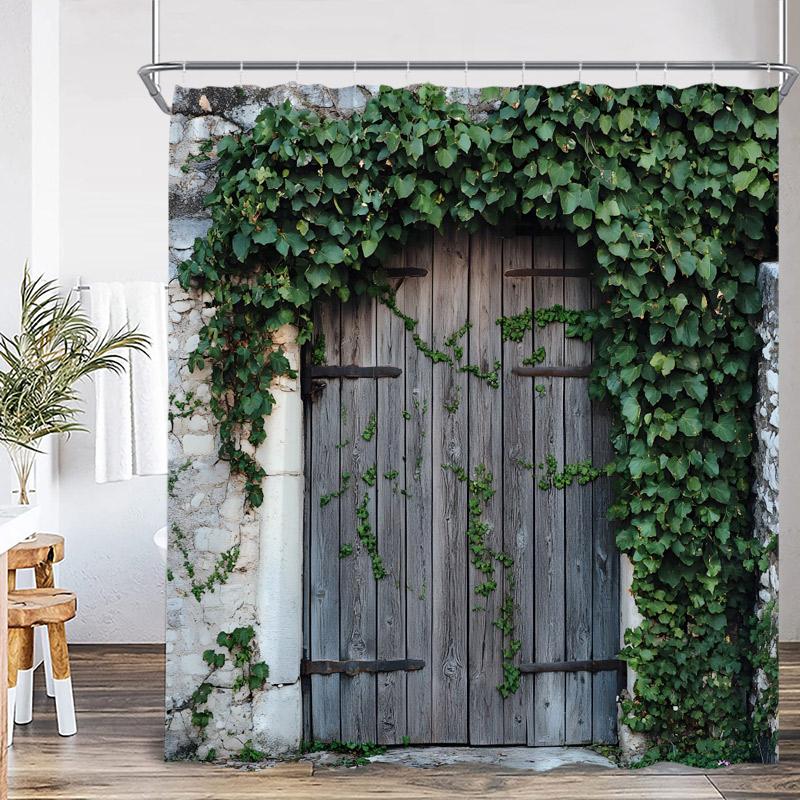Rustic Landscape Shower Curtains Forest Lake Flowers Vintage Wooden Door Garden Scenery Fabric Home Bathroom Curtain Decor Set