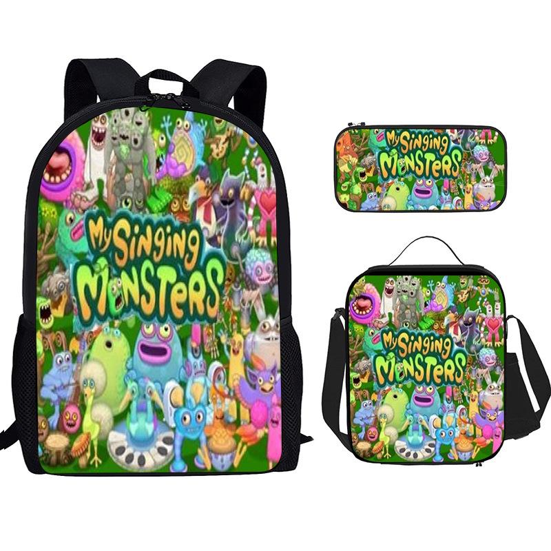 Monster Singer Elementary School Bag Three-Piece Nylon Printed Backpack Breathable Backpack Lightweight