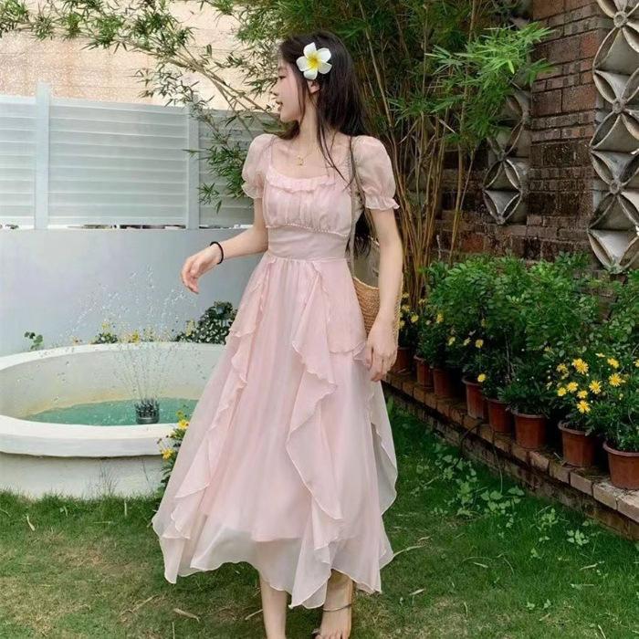 French square neck, sweet and gentle fairy-style dress for women, new summer women's clothing, waist-cinching slimming mid-length dress