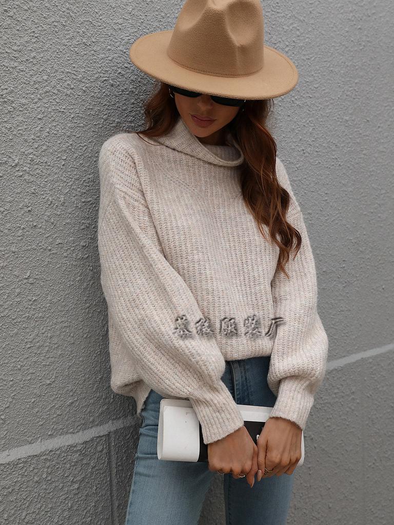 Autumn and winter new solid color sweater turtleneck pullover loose European and American women's clothing solid color turtleneck sweater
