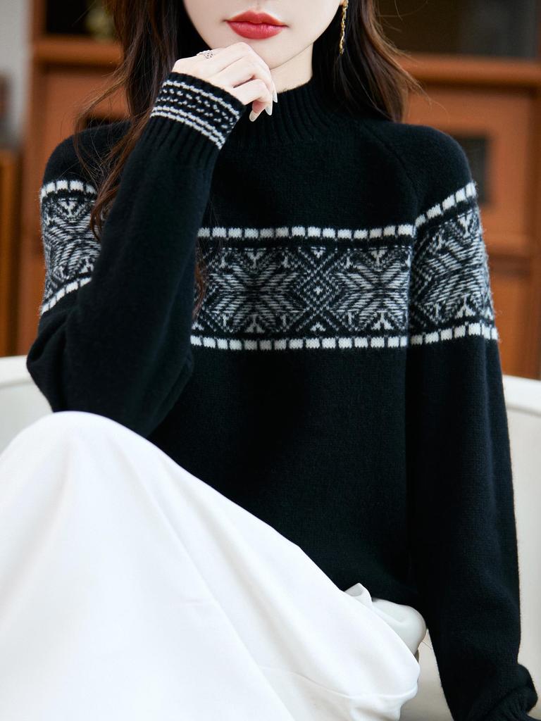 Elegant Women's Fair Isle Jacquard Knit Wool Sweater - 2025 Autumn/Winter Collection