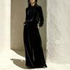 Women's Casual Velour Two Piece Outfit with Pleated Top and Wide Leg Pants