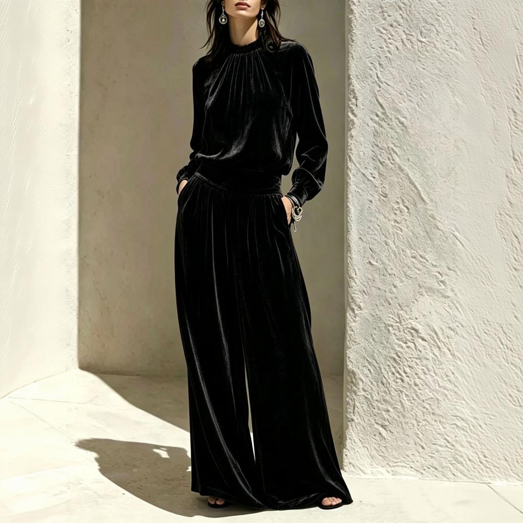 Women's Casual Velour Two Piece Outfit with Pleated Top and Wide Leg Pants
