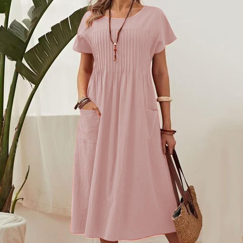 Summer Pockets Casual Dress New Plus Size Solid Color Round Neck Short Sleeve Fashion Party Dress A-line Pleated Loose Slim Elegant Dresses Clothing