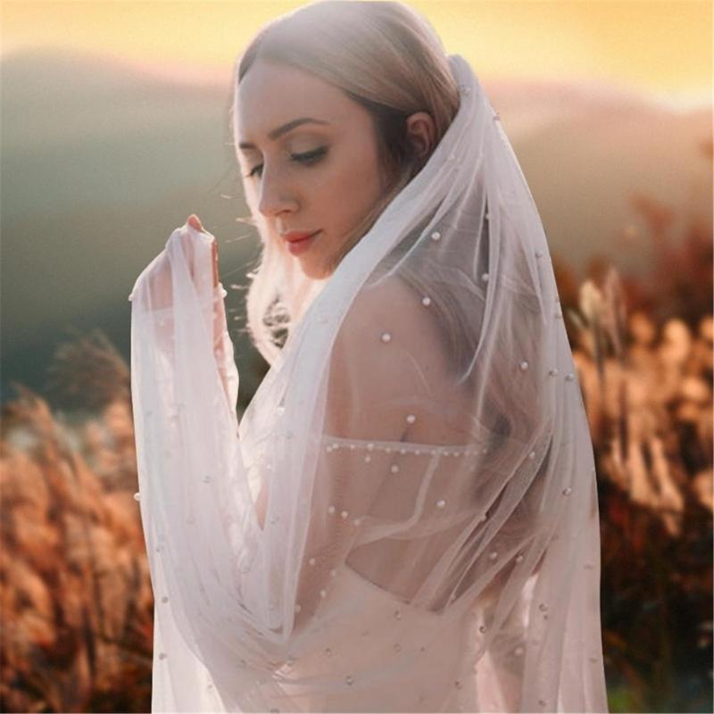 Beadwork Pearls Bridal Veil Soft Tulle Seethrough Head Veil with Easy Wear Hair Comb for Romance Wedding Photography