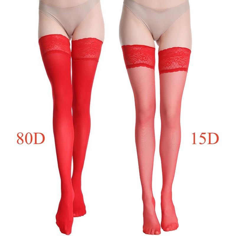 Women Sexy Lace Top Silicone Stay Up Thigh High Stockings 80D Velvet Leg Warmers For Autumn 15D Ultrathin Medias For Summer