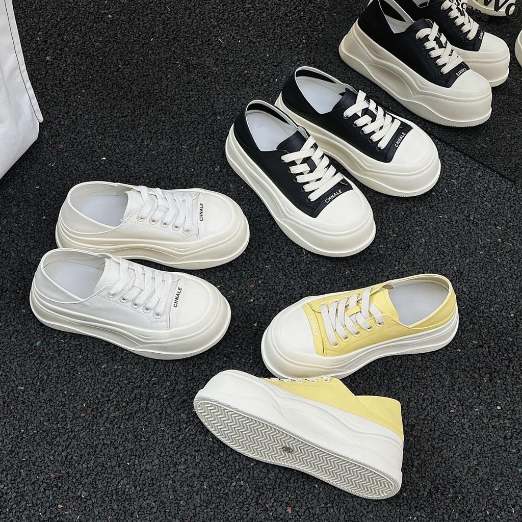 European muffin thick-soled leather big-headed bread shoes women's 2025 new muffin shoes versatile height-increasing casual shoes