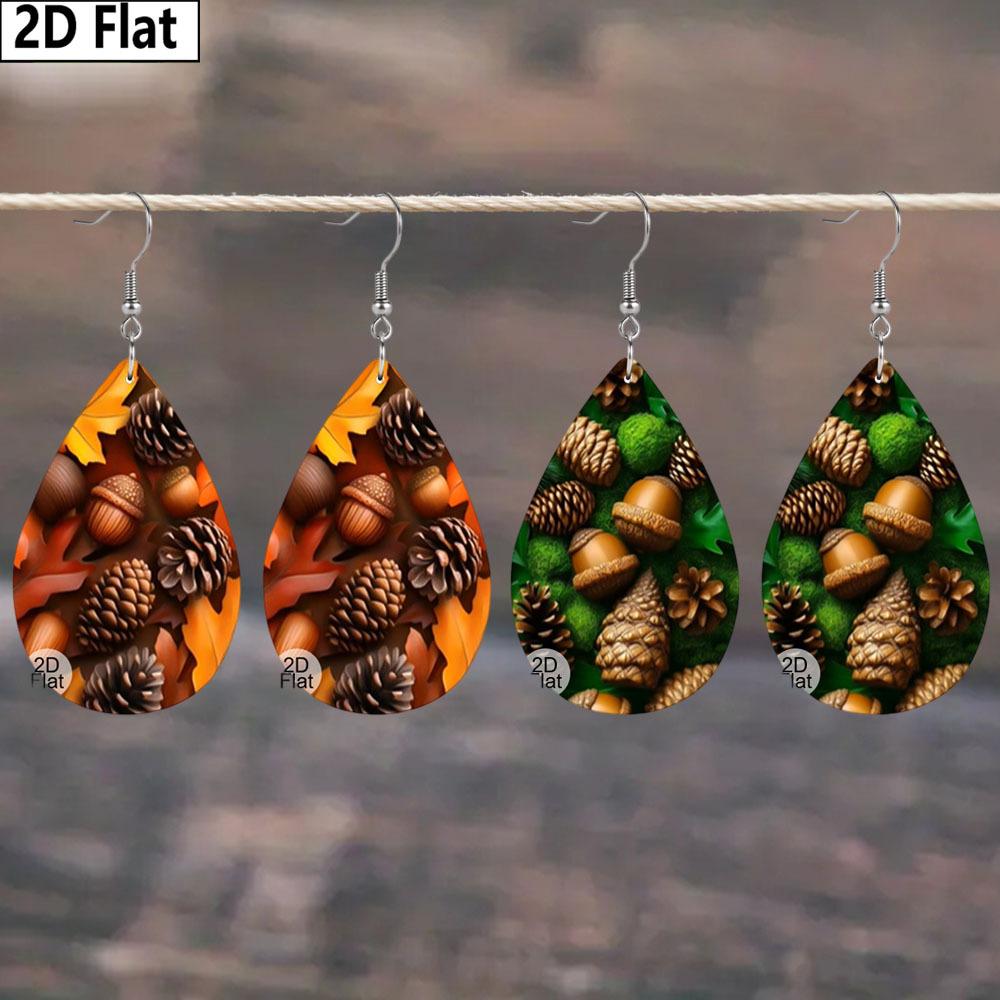 Autumn Thanksgiving/Christmas Gift Leather Women's Fashion Drop Earrings, Brown/Green Leaves Pinecone Patterned Design PU Earrings Jewelry for  Wear