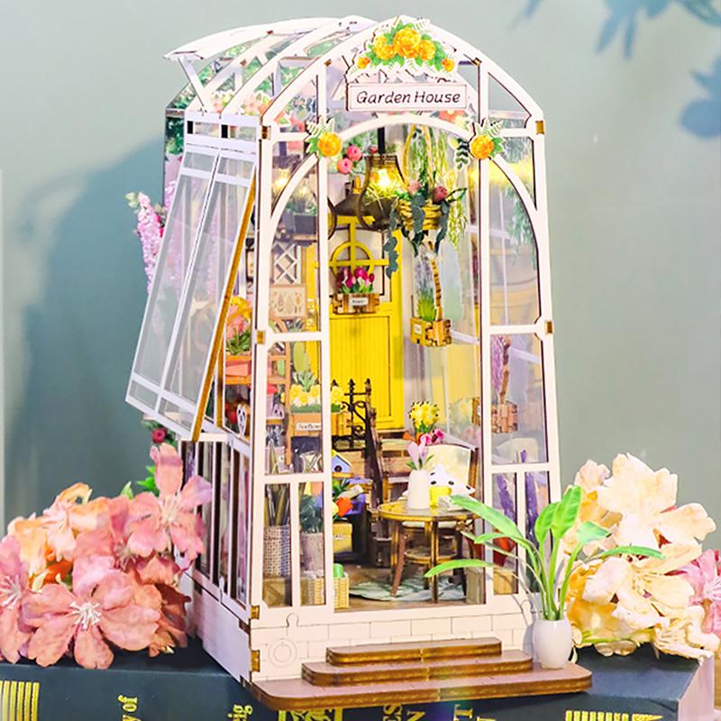 DIY Garden House Book Nook Shelf Insert Miniature Building Kits Wooden DollHouse Flower Garden Room Bookshelf with LED Lights