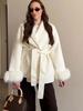 2025 A/W Women's French Tweed Short Coat with Fur Cuffs, V-neck, and Tie-waist - Solid Color.