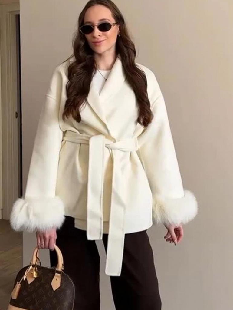 2025 A/W Women's French Tweed Short Coat with Fur Cuffs, V-neck, and Tie-waist - Solid Color.