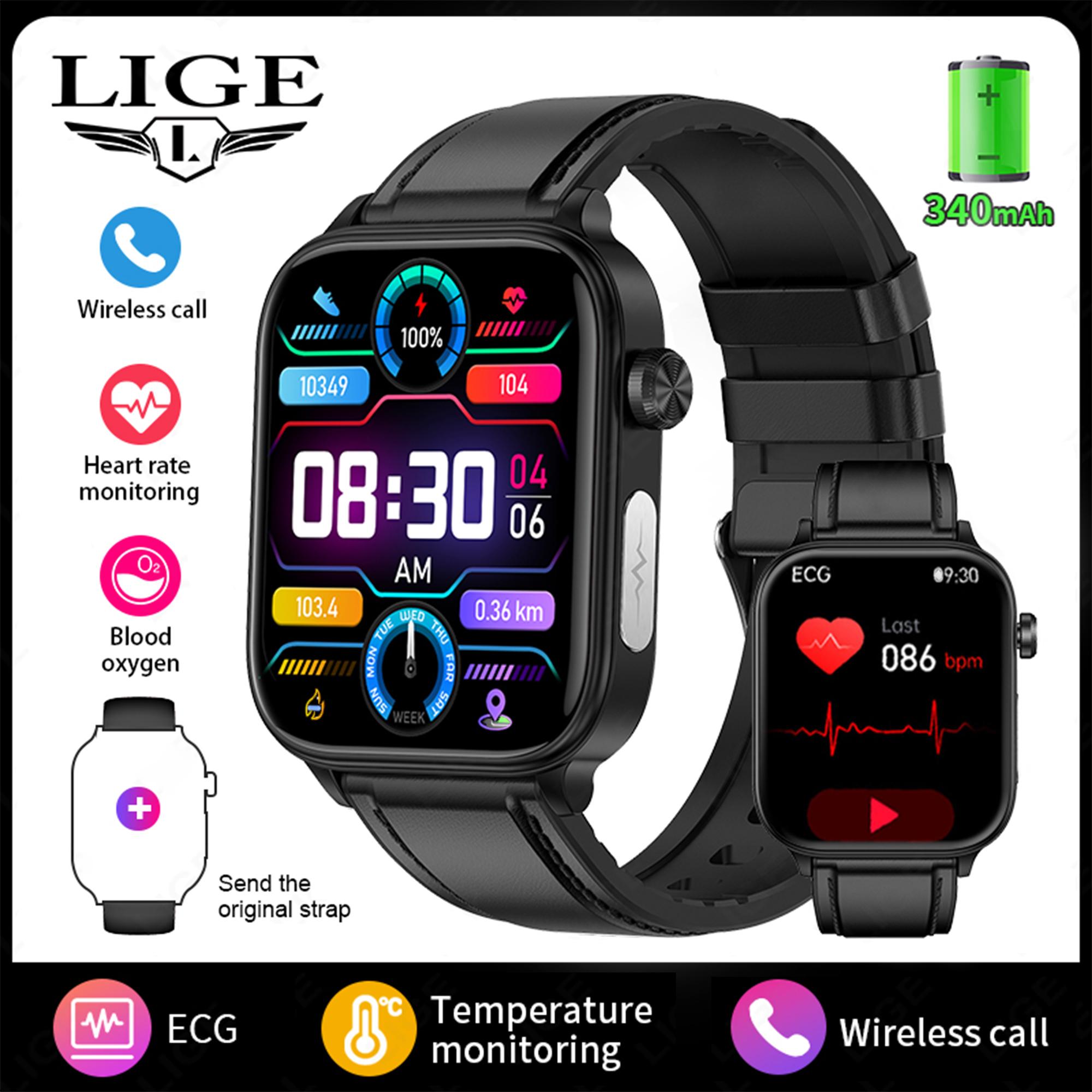 

LIGE ECG Мужские Смарт-часы Водонепроницаемые SOS Функция Первой Помощи Спорт Bluetooth Вызов Женские Смарт-часы leather strap чёрный