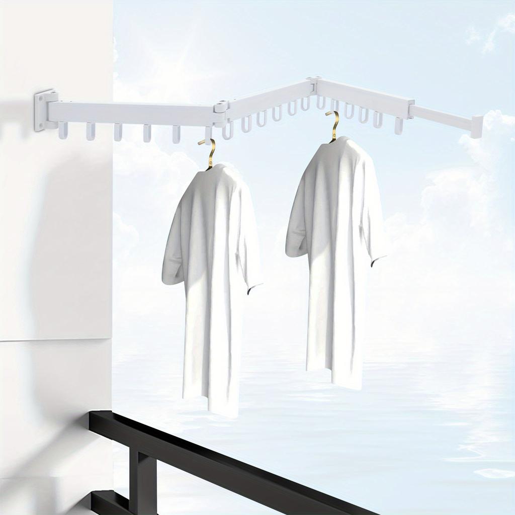 Tri-Fold Space Aluminum Wall-Mounted Drying Rack – 110 Lbs Load Capacity with 18 Hooks & Telescopic Hidden Rod – White