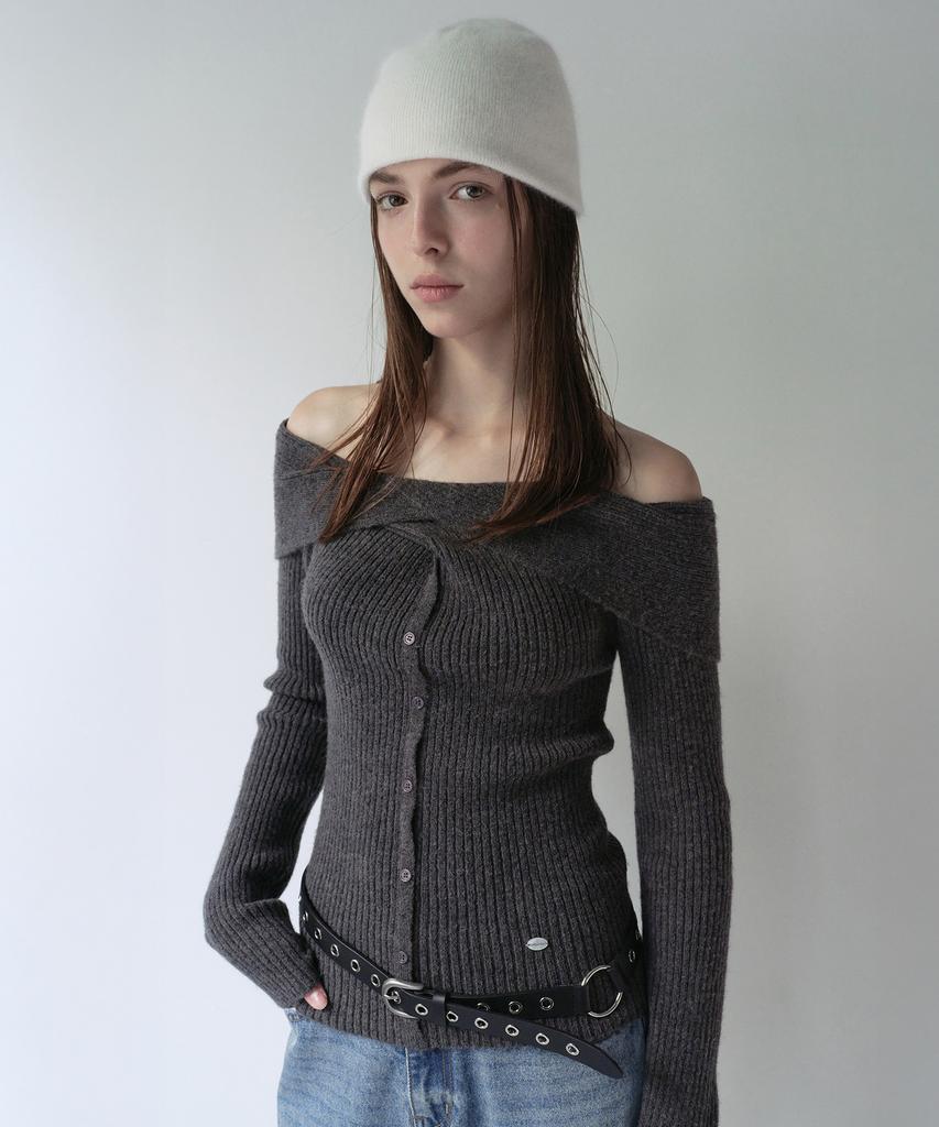 ROLAROLA Wool Blended Twist Button Off Shoulder Knit Charcoal