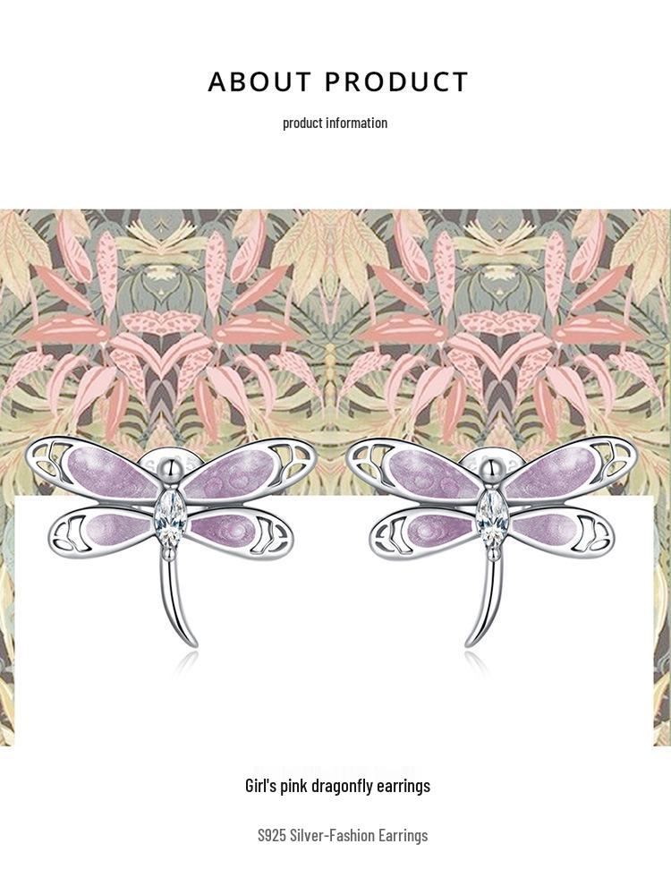 Avle S925 Sterling Silver Dragonfly Earrings with Pink Zircon and Exquisite Hollow Design, SCE1414