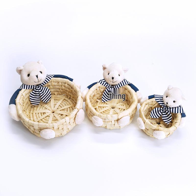 Easter Straw Braided Basket: Handcrafted Corn Husk Storage with Bunny, Bear & Colored Egg Design