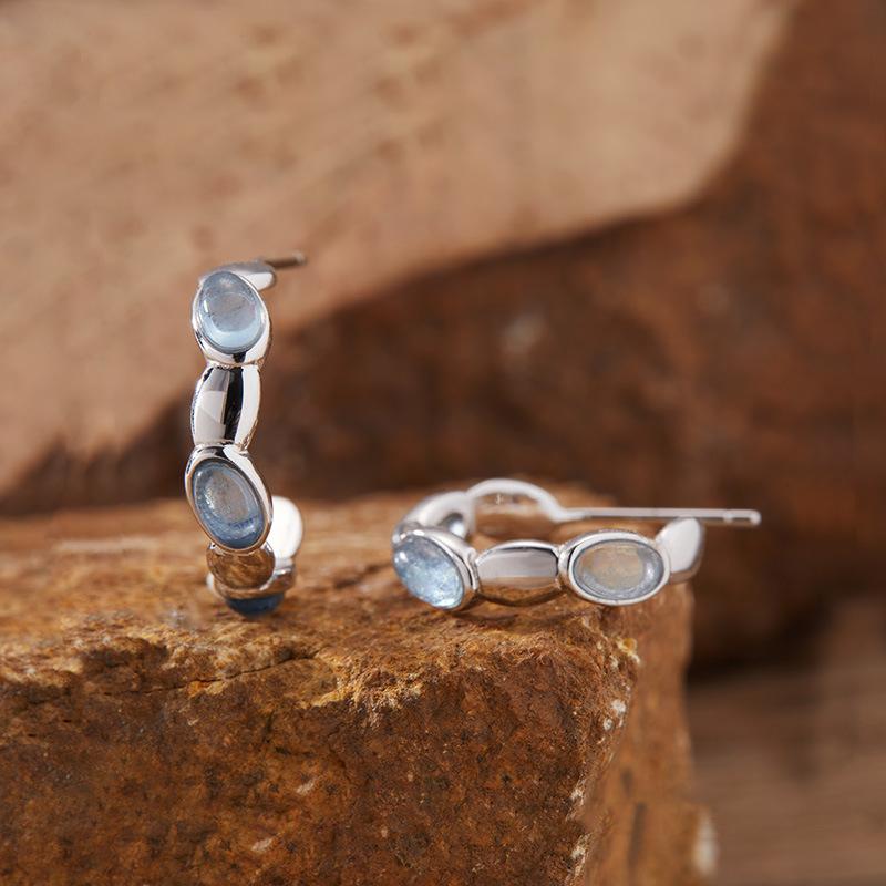 Natural Gemstone Aquamarine Stud Earrings S925 Sterling Silver Simple Fashion Treasure Xiaohongshu Earrings