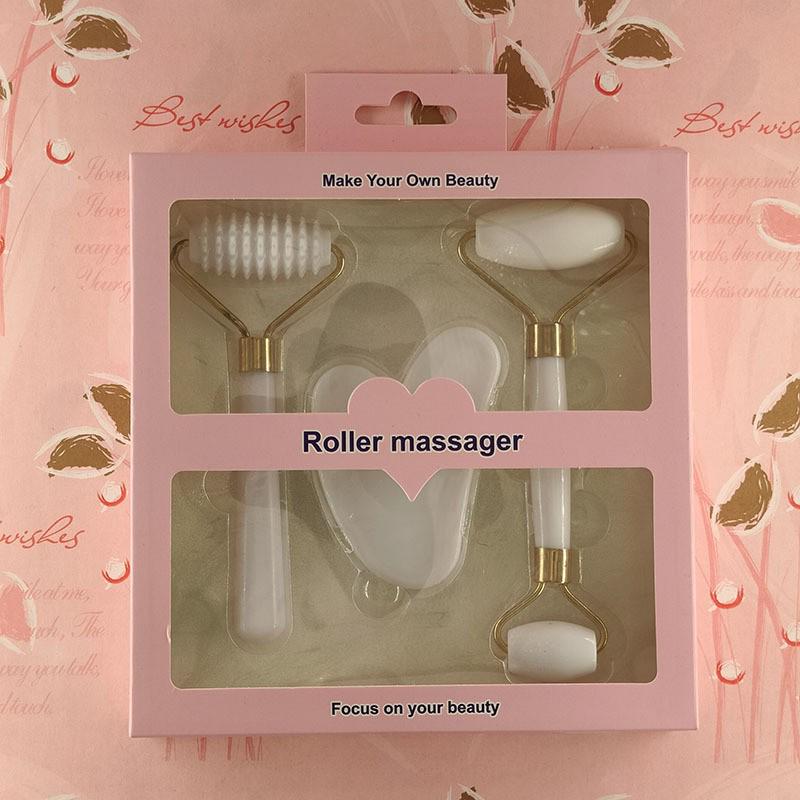 3-Piece Set: Imitation Jade Spiked Roller & Rose Quartz Heart-Shaped Gua Sha Facial Massagers