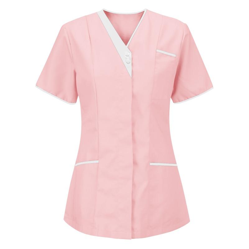 Women Solid Color Short-Sleeve V-neck Top Nurse Work Uniform Pocket Top