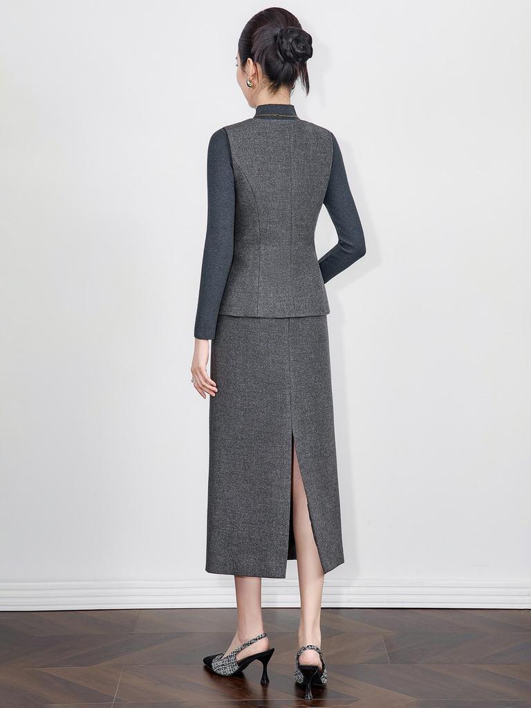 Women's Elegant Woolen Vest & Knit Base Layer with Back Slit Skirt Set
