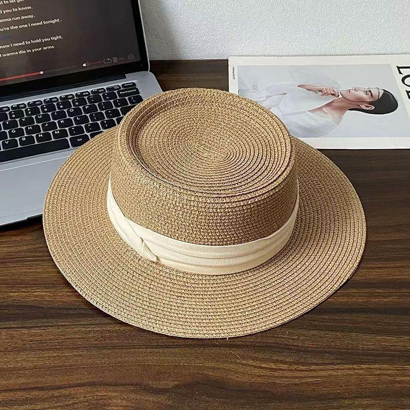 French Hepburn Style Flat Top Straw Hat Women's Summer New Seaside Vacation Sunshade Sunscreen Hat Elegant Top Hat