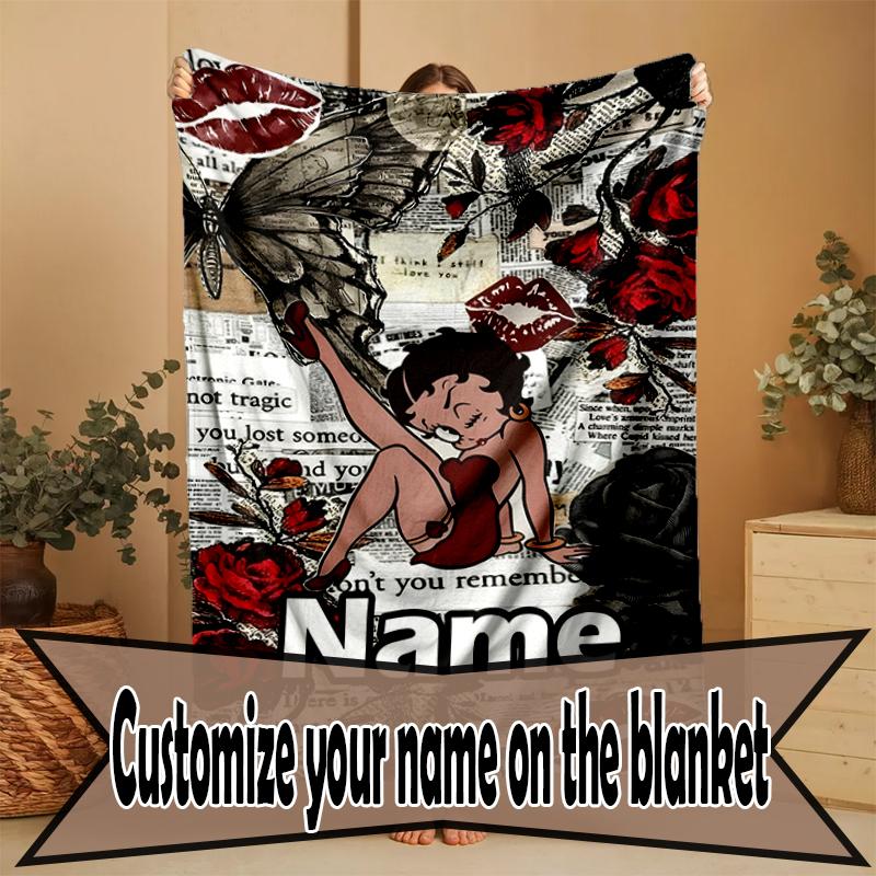 Custom Name Personalized Betty Boop Print Blanket, Home Decor, Bedroom, Sofa, Camping, Couch, Gifts for Birthday Christmas