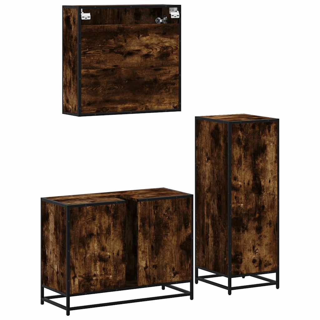 3 Piece Bathroom Furniture Set Smoked Oak Wood Based Material