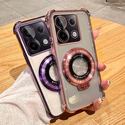Clear Transparent Shockproof Plating Magsafe Magnetic Stand Holder Case For Xiaomi Redmi Note 13 Pro 13R 12 11 10 Redmi 9 9C 10 12 Cover