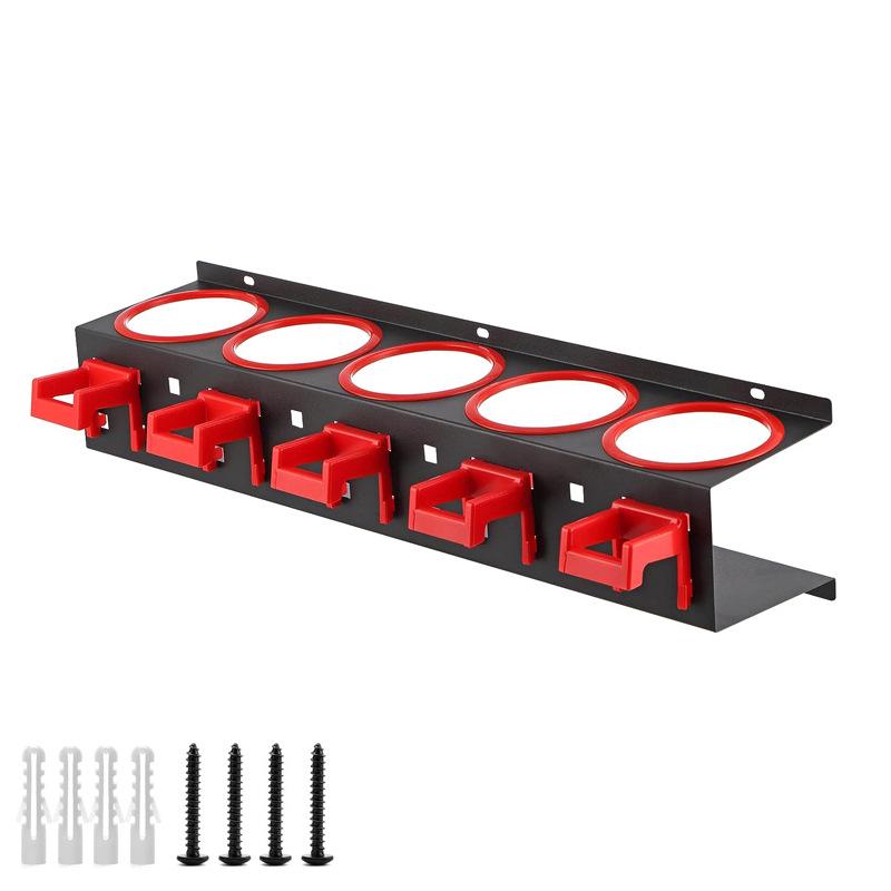 Wall-Mounted Spray Bottle Rack with 5 Holes & Hooks for Garage Storage