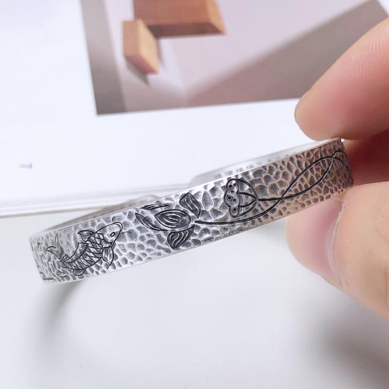 S999 Sterling Silver Handmade Hammer Pattern Heart Sutra Bottom Bracelet Retro Ethnic Style Bracelet Lotus Fish Foot Silver