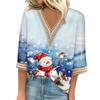 Women's Loose Casual Three-quarter Sleeve V-neck Lace Loose Christmas Print T-shirt Top
